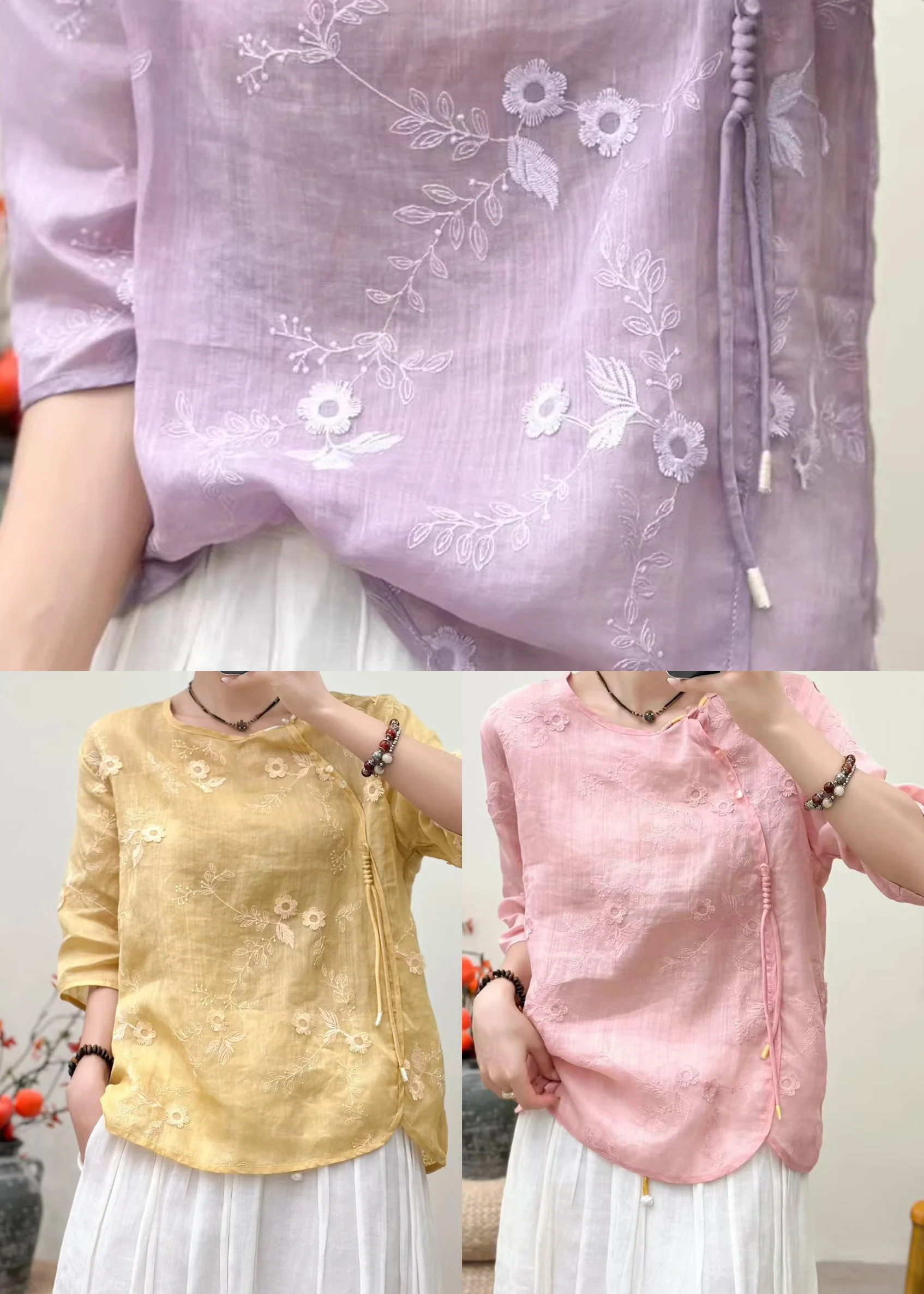 Women Pink Embroidered Chinese Button Linen Tops Half Sleeve - Image 5