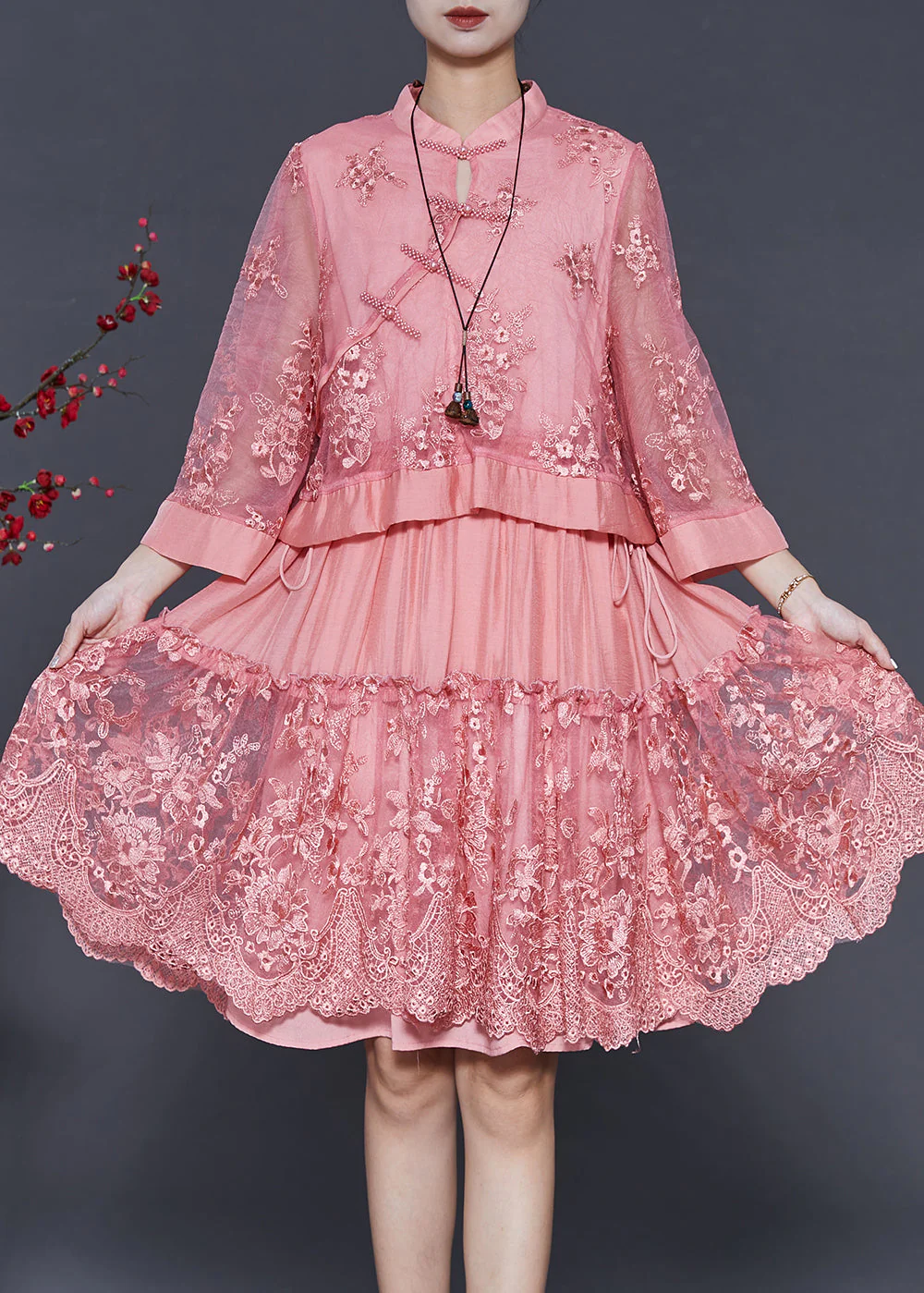 Women Pink Embroidered Patchwork Tulle Oriental Dress Spring - Image 3