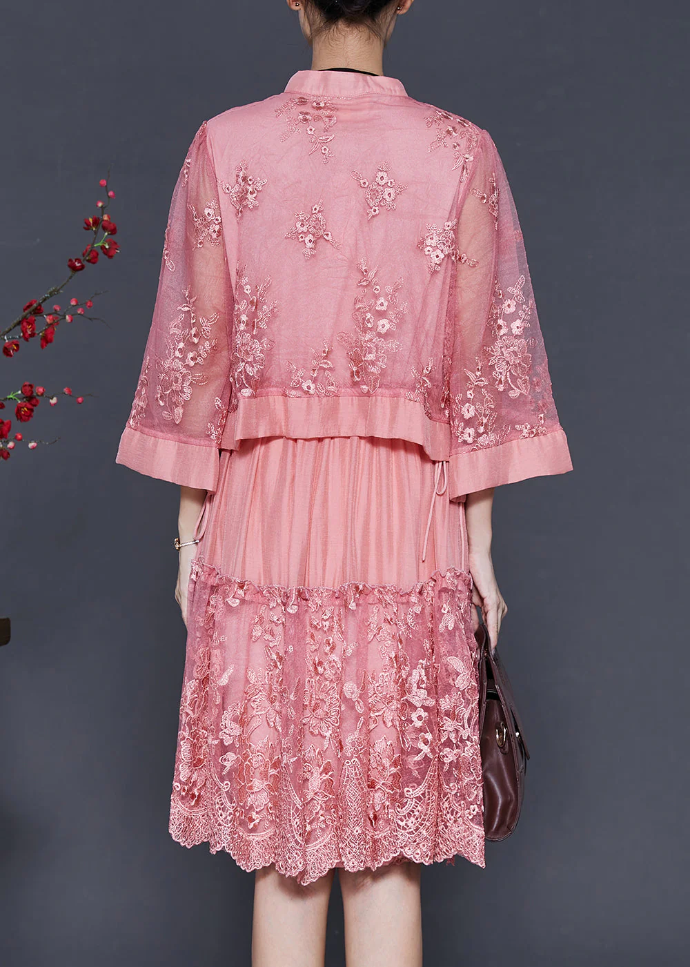 Women Pink Embroidered Patchwork Tulle Oriental Dress Spring - Image 4
