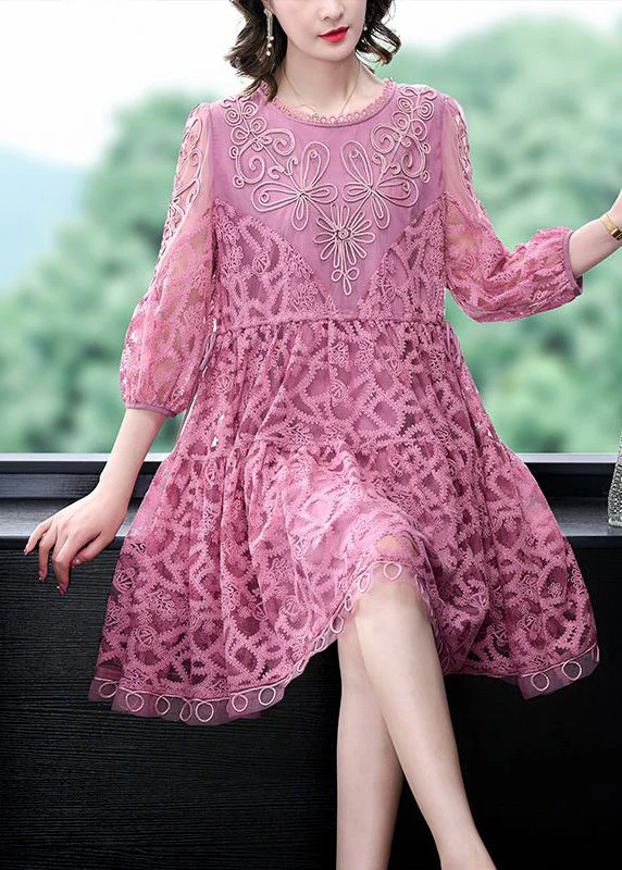 Women Pink Embroideried Tie Waist Lace Mid Dress Bracelet Sleeve - Image 2