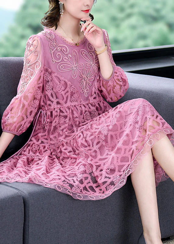 Women Pink Embroideried Tie Waist Lace Mid Dress Bracelet Sleeve - Image 3