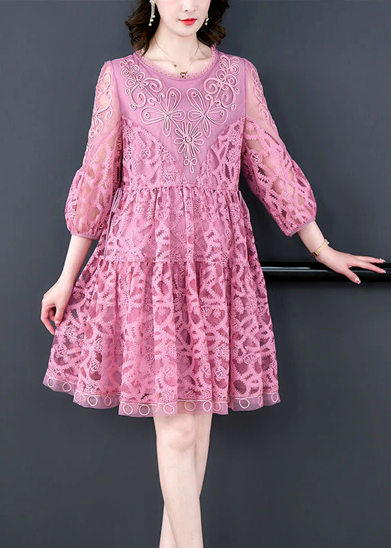 Women Pink Embroideried Tie Waist Lace Mid Dress Bracelet Sleeve - Image 4