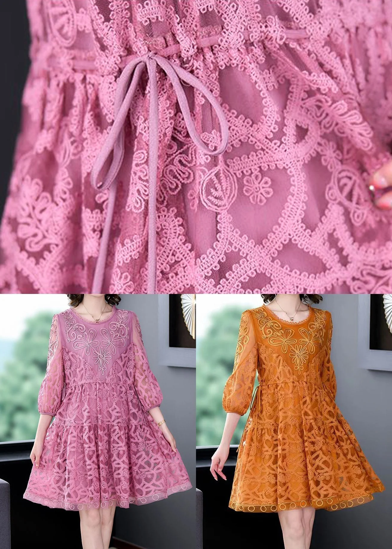 Women Pink Embroideried Tie Waist Lace Mid Dress Bracelet Sleeve - Image 5