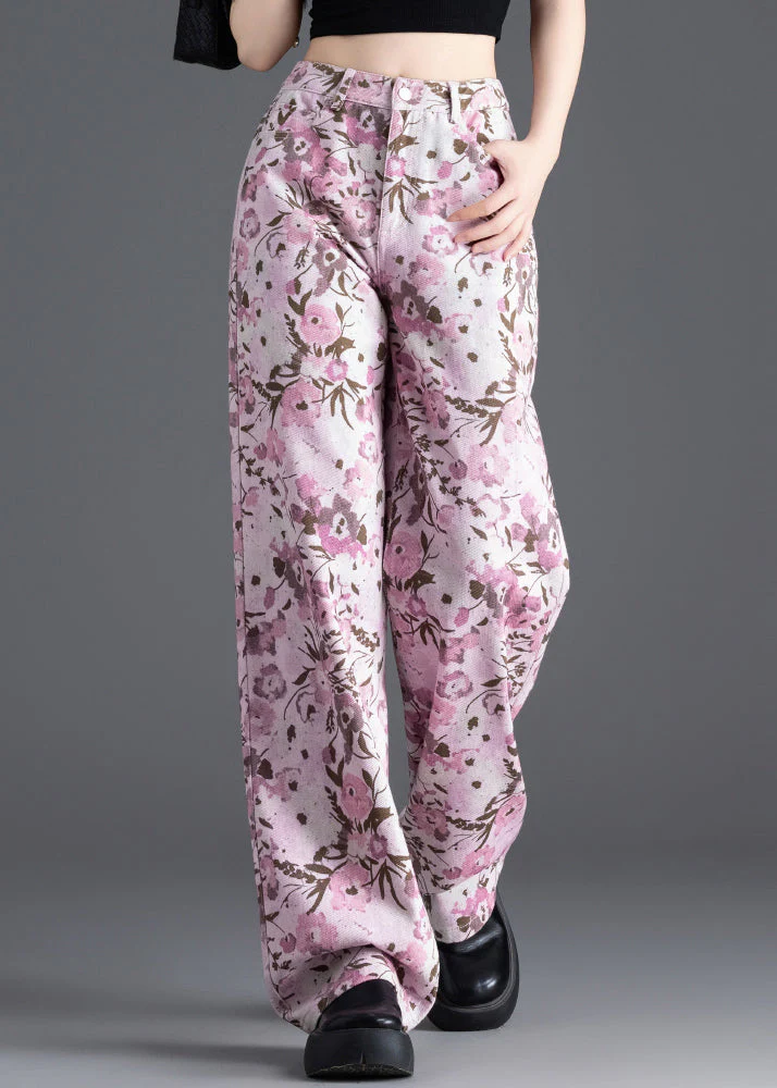Women Pink Floral Print Denim Straight Pants Spring - Image 3