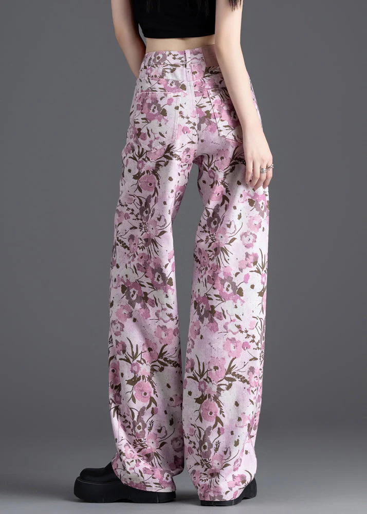Women Pink Floral Print Denim Straight Pants Spring - Image 4