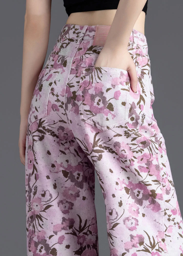 Women Pink Floral Print Denim Straight Pants Spring - Image 5