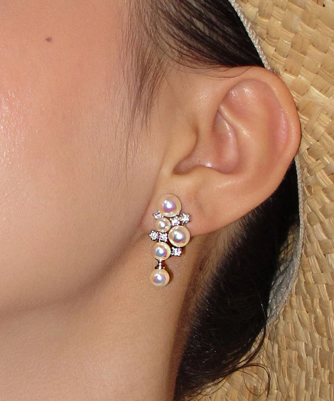 Women Pink Grape Cluster Pearl Zircon Drop Earrings - Image 3