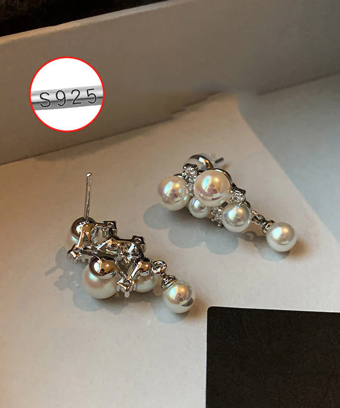 Women Pink Grape Cluster Pearl Zircon Drop Earrings - Image 4