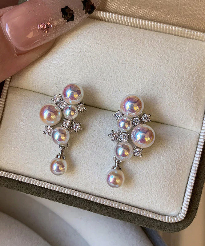 Women Pink Grape Cluster Pearl Zircon Drop Earrings - Image 5