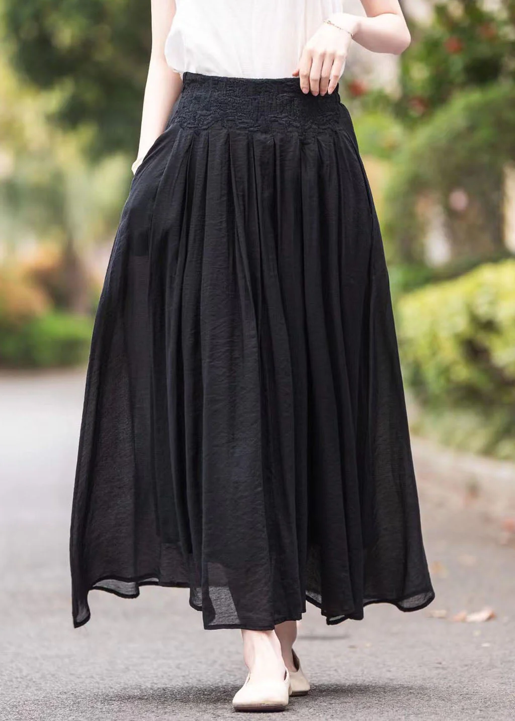 Women Pink High Waist Embroidered Wrinkled Linen Skirts Summer - Image 3