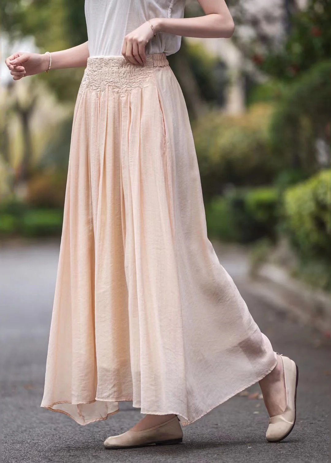 Women Pink High Waist Embroidered Wrinkled Linen Skirts Summer - Image 4