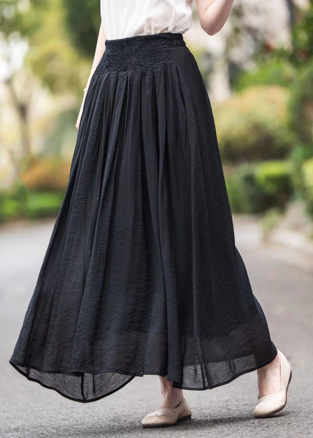 Women Pink High Waist Embroidered Wrinkled Linen Skirts Summer - Image 5