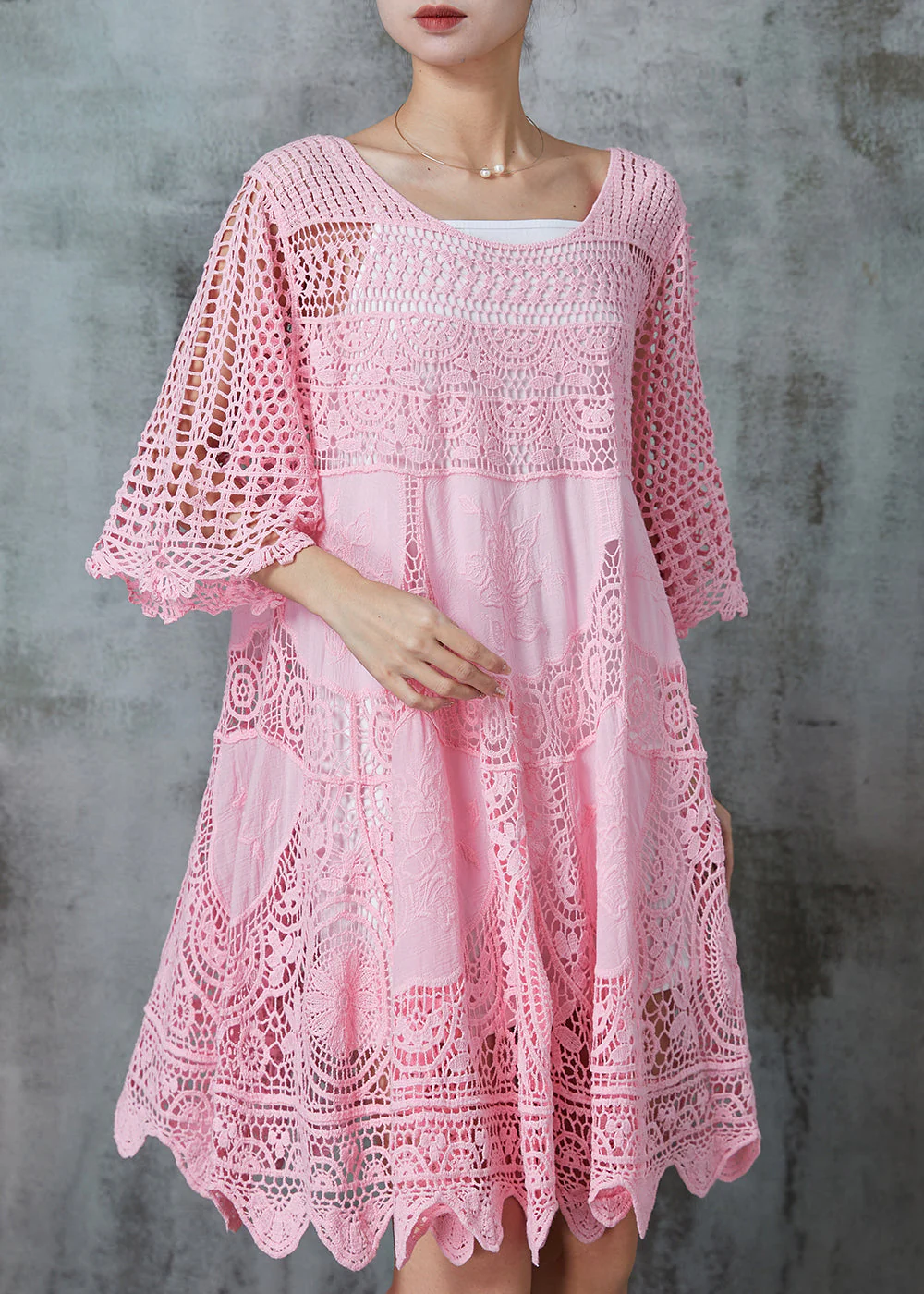 Women Pink Hollow Out Lace Holiday Dress Summer - Image 2