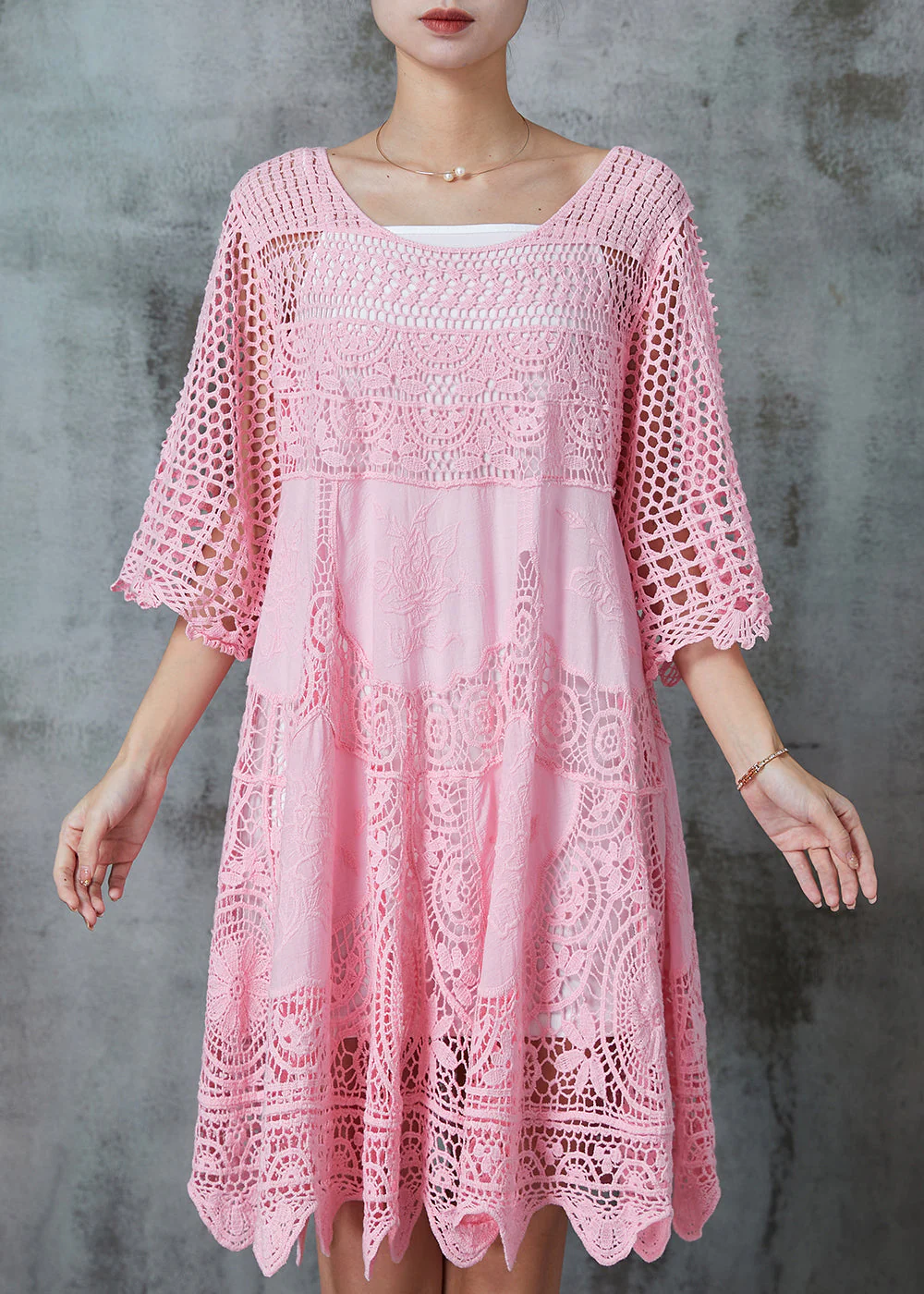 Women Pink Hollow Out Lace Holiday Dress Summer - Image 3
