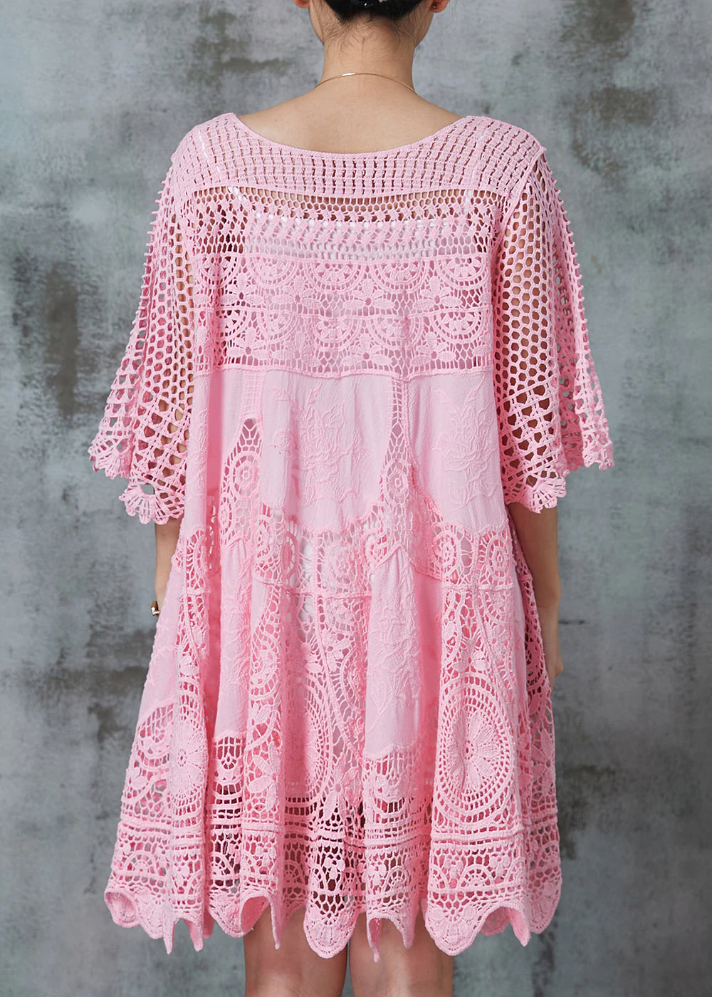 Women Pink Hollow Out Lace Holiday Dress Summer - Image 4