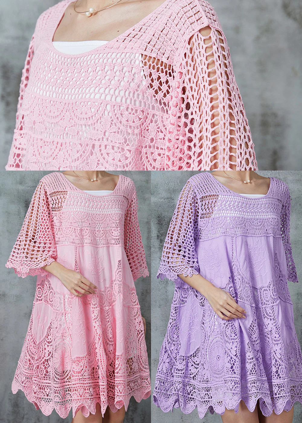 Women Pink Hollow Out Lace Holiday Dress Summer - Image 5