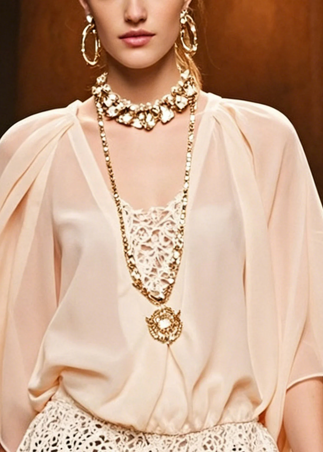 Women Pink Hollow Out Lace Patchwork Chiffon Shirts Batwing Sleeve - Image 2