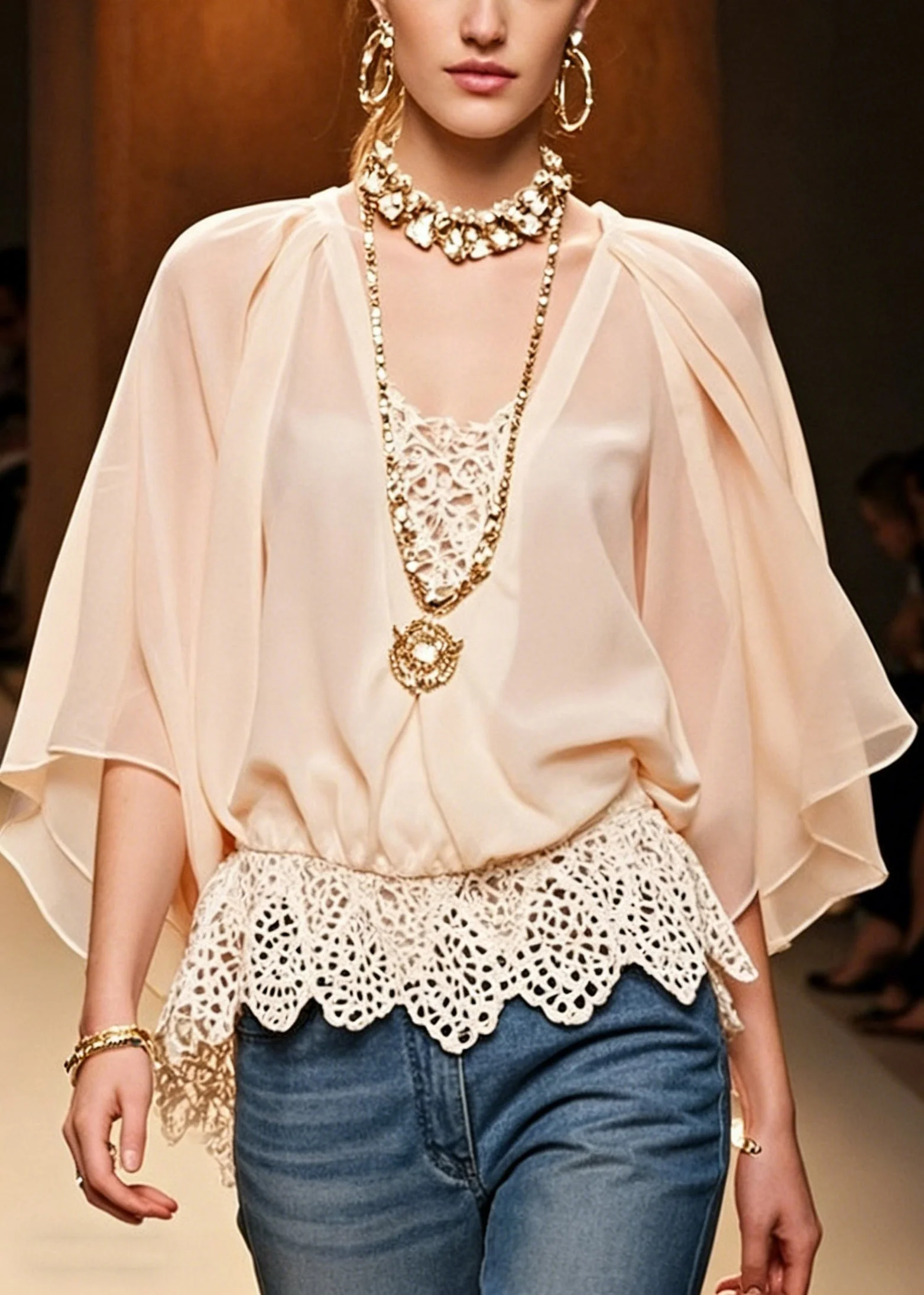 Women Pink Hollow Out Lace Patchwork Chiffon Shirts Batwing Sleeve - Image 3
