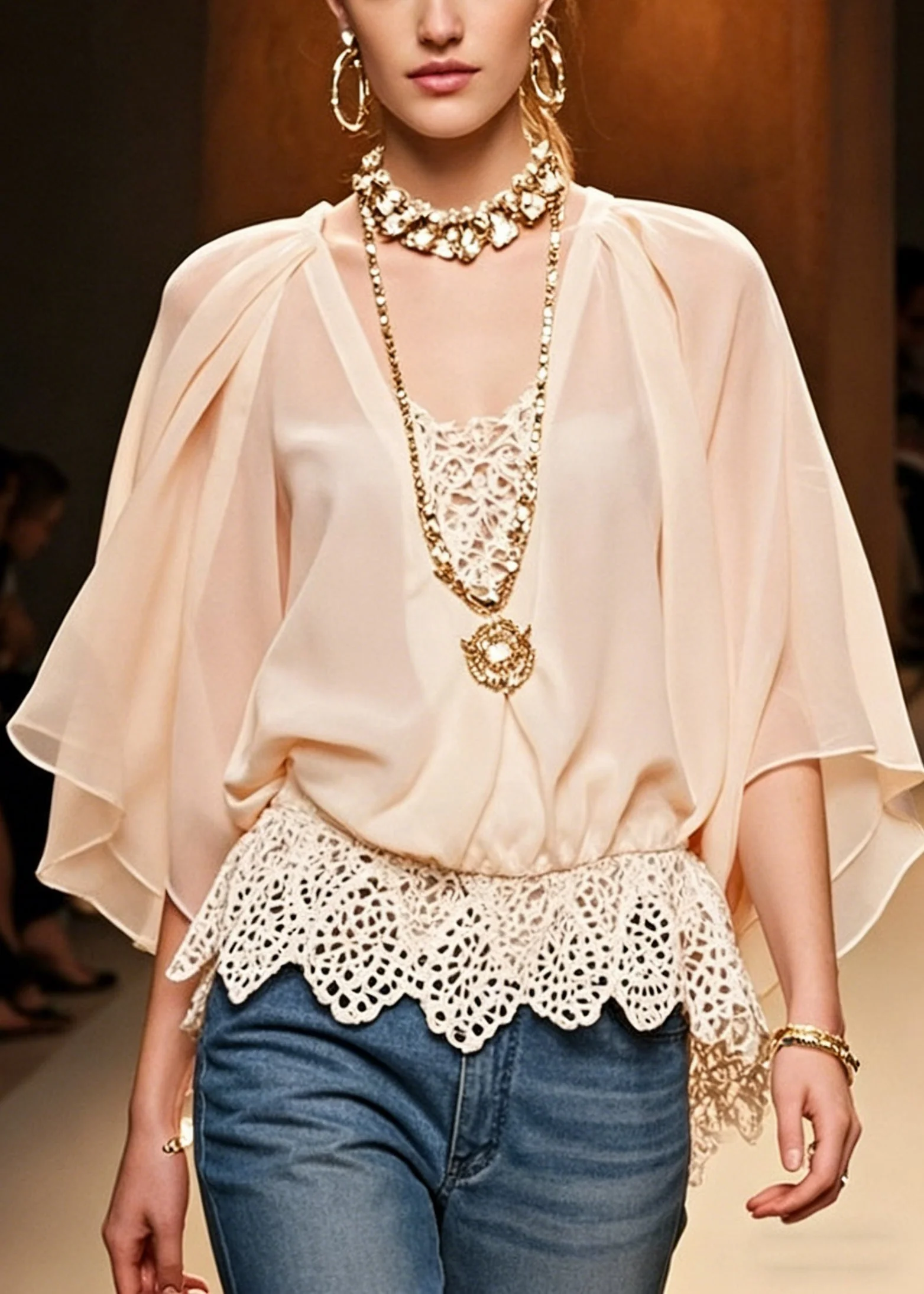 Women Pink Hollow Out Lace Patchwork Chiffon Shirts Batwing Sleeve - Image 5