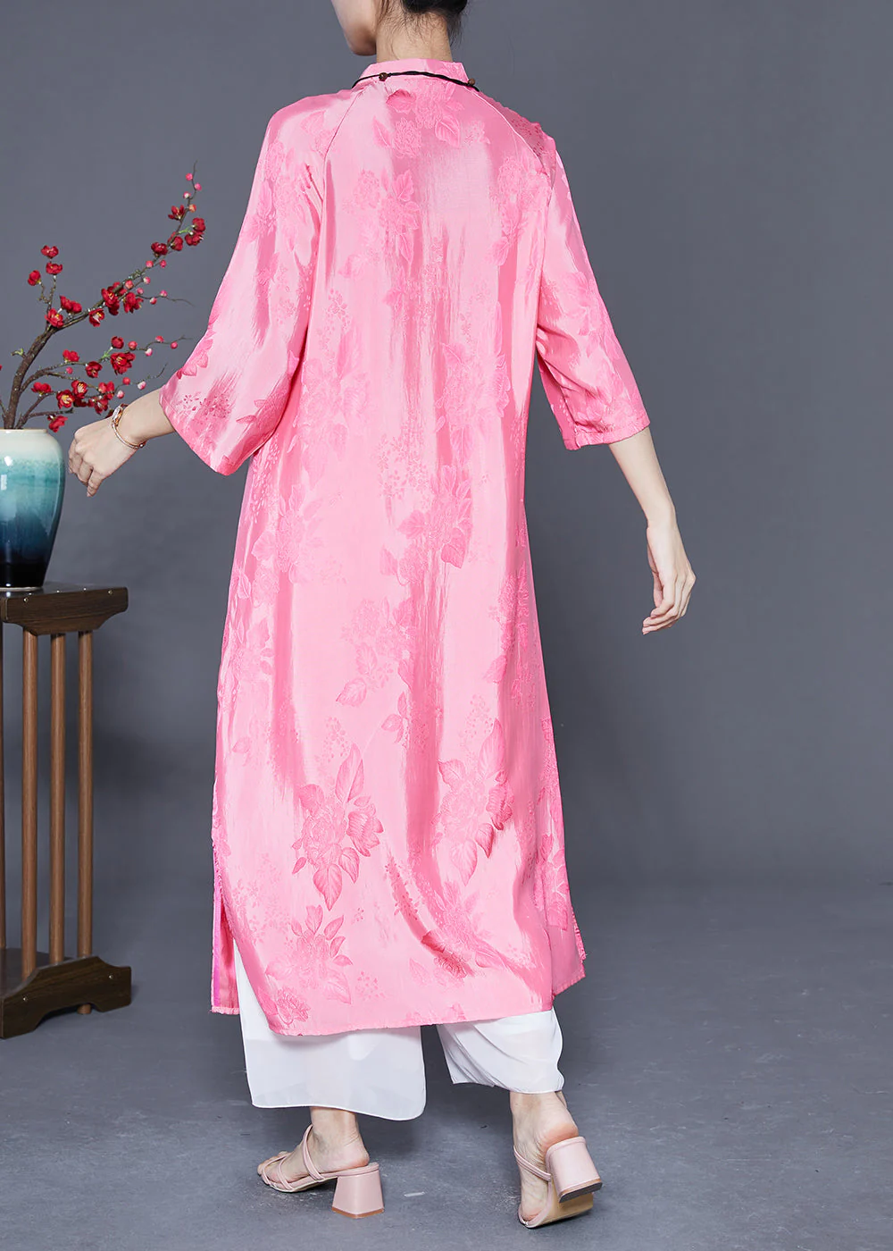 Women Pink Mandarin Collar Chinese Button Jacquard Silk Dress Summer - Image 4