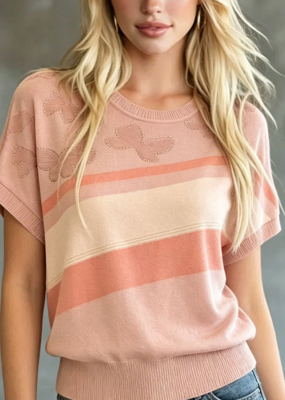 Women Pink O Neck Butterfly Zircon Knit T Shirts Summer - Image 2