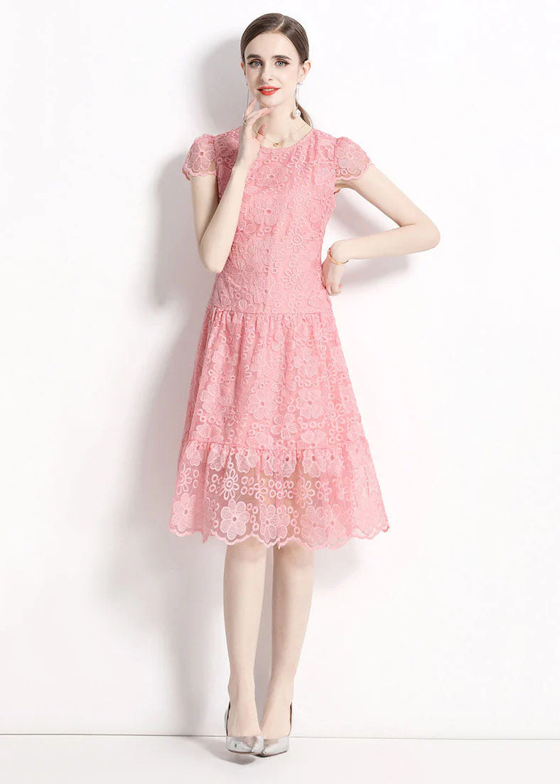 Women Pink O Neck Hollow Out Embroideried Patchwork Lace Dresses Summer - Image 2