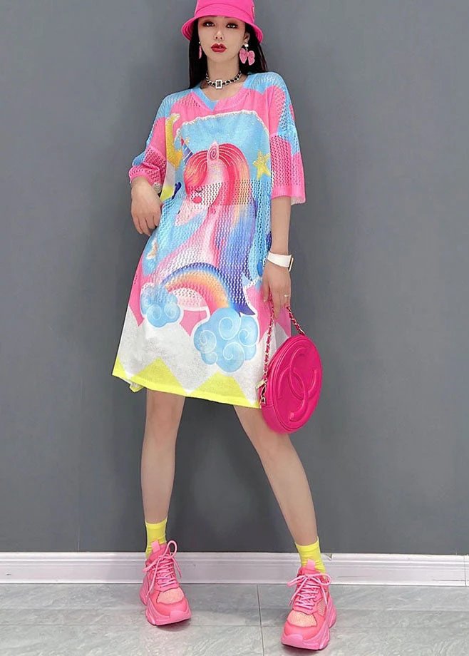Women Pink O-Neck Horse Print Oversized Vacation Dress Short Sleeve - Image 2
