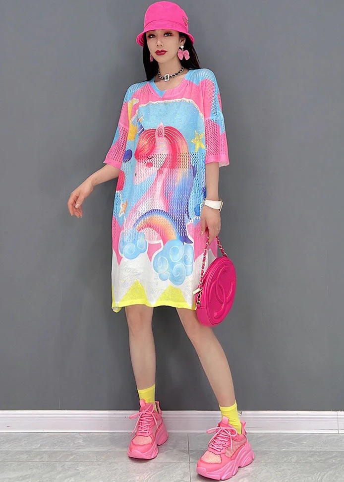 Women Pink O-Neck Horse Print Oversized Vacation Dress Short Sleeve - Image 3