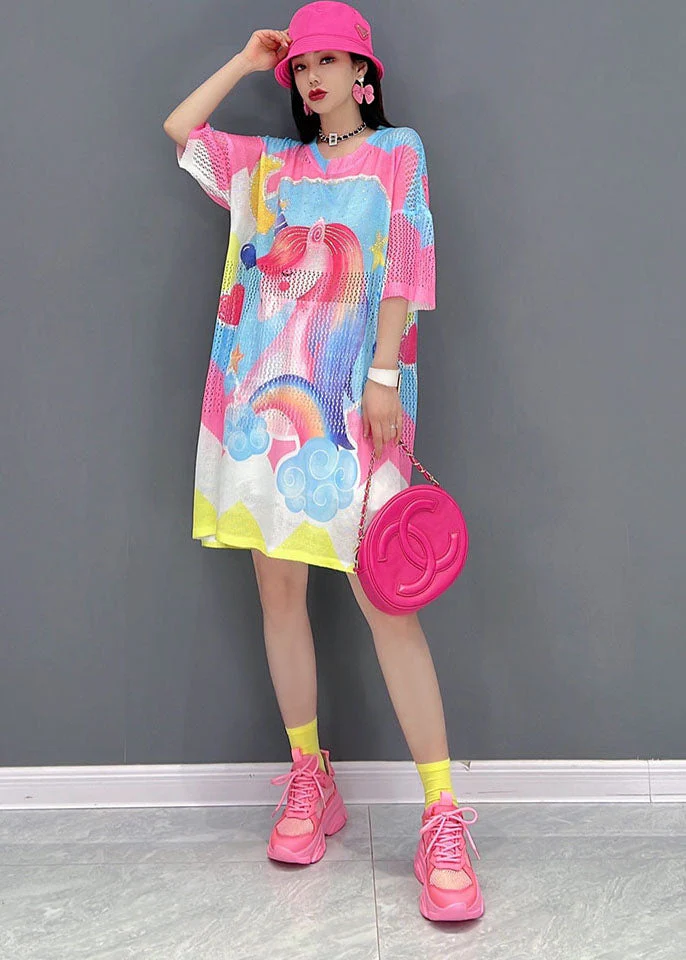 Women Pink O-Neck Horse Print Oversized Vacation Dress Short Sleeve - Image 4