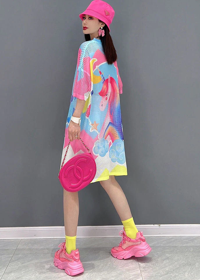 Women Pink O-Neck Horse Print Oversized Vacation Dress Short Sleeve - Image 5