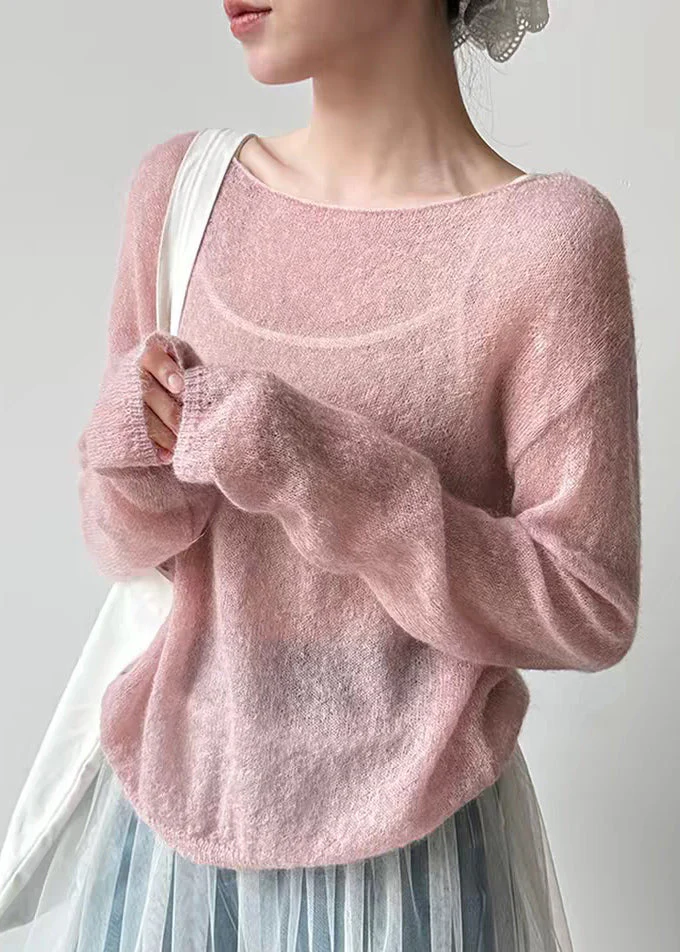 Women Pink O-Neck Ma Hai Mao Knit Top Spring