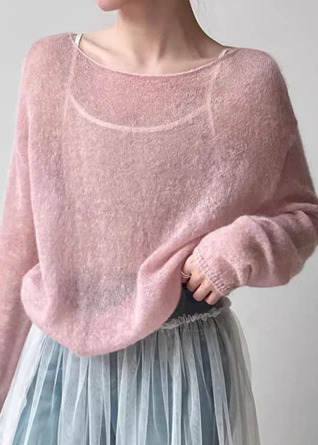 Women Pink O-Neck Ma Hai Mao Knit Top Spring - Image 2