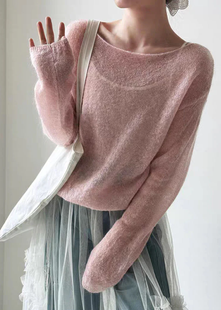 Women Pink O-Neck Ma Hai Mao Knit Top Spring - Image 3