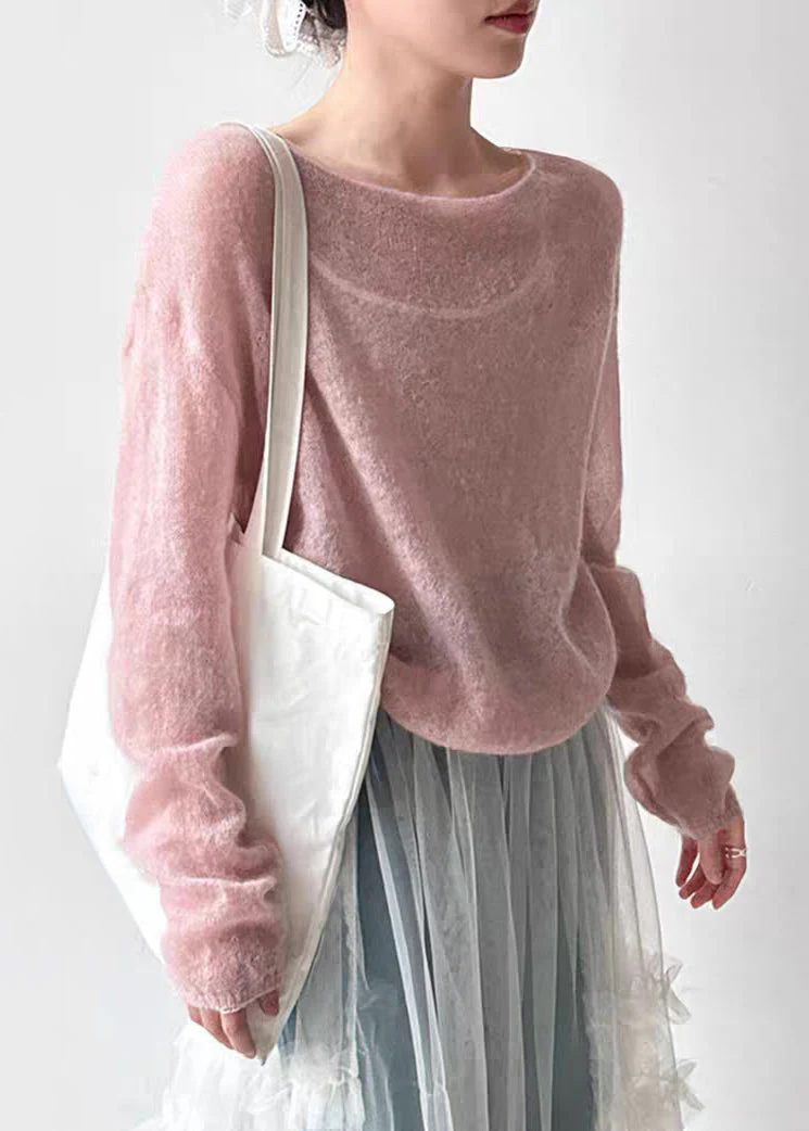 Women Pink O-Neck Ma Hai Mao Knit Top Spring - Image 4