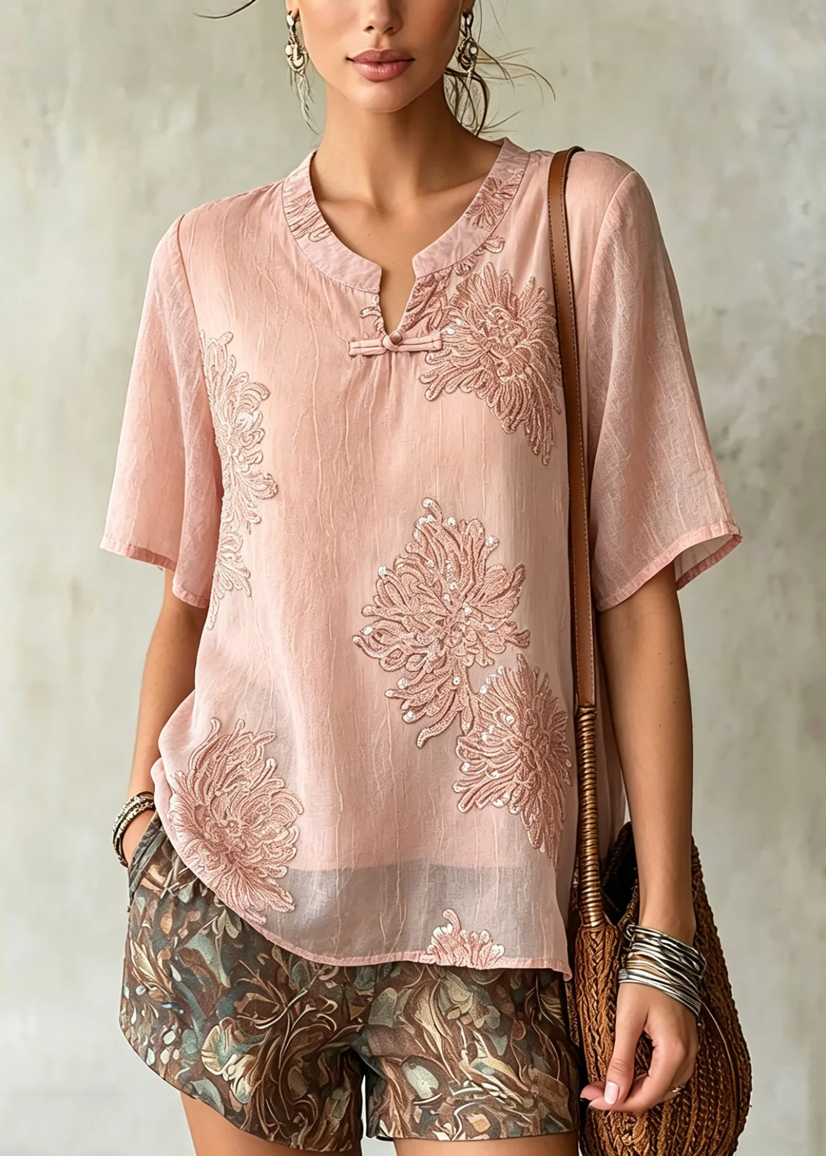 Women Pink O-Neck Patchwork Chiffon Shirt Summer - Image 3