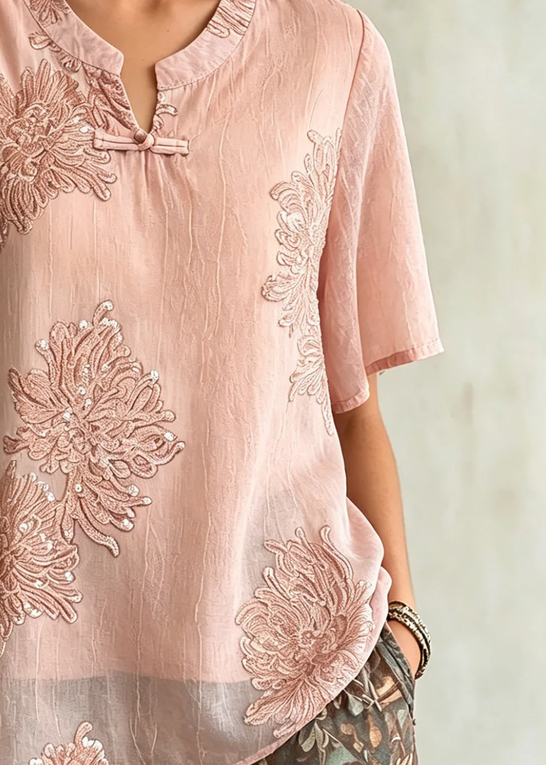 Women Pink O-Neck Patchwork Chiffon Shirt Summer - Image 4
