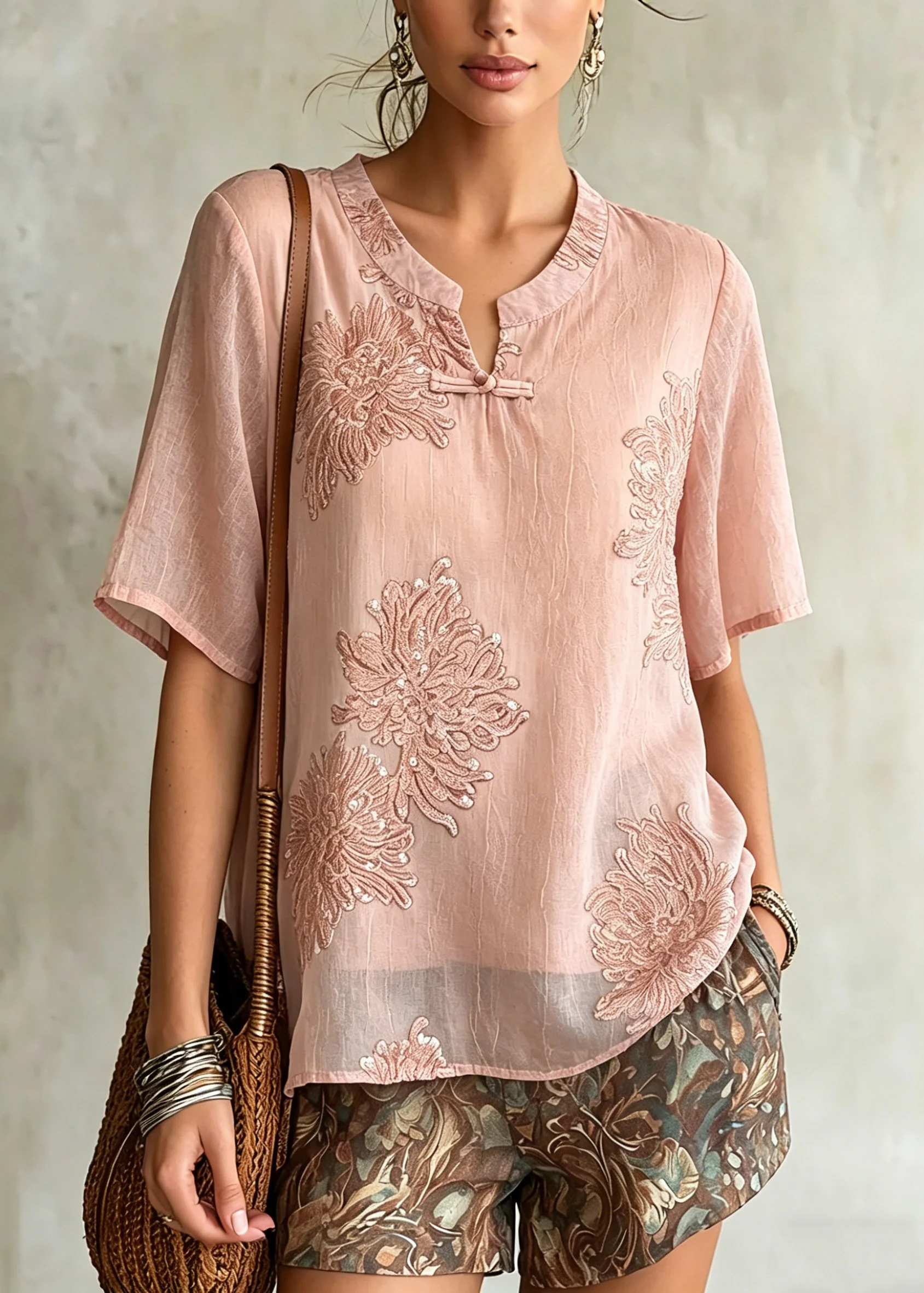 Women Pink O-Neck Patchwork Chiffon Shirt Summer - Image 5
