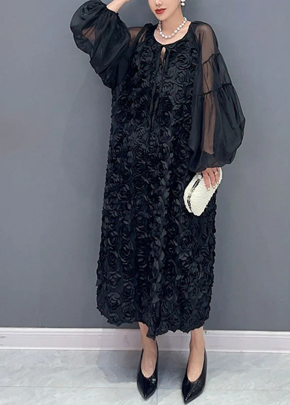 Women Pink O-Neck Tulle PatchworkFloral Maxi Dress Long Sleeveless - Image 2