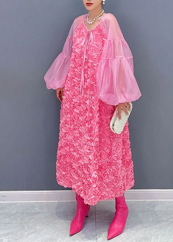 Women Pink O-Neck Tulle PatchworkFloral Maxi Dress Long Sleeveless - Image 3