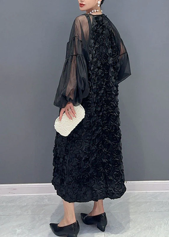 Women Pink O-Neck Tulle PatchworkFloral Maxi Dress Long Sleeveless - Image 4