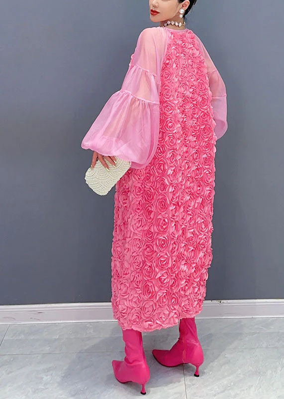 Women Pink O-Neck Tulle PatchworkFloral Maxi Dress Long Sleeveless - Image 5