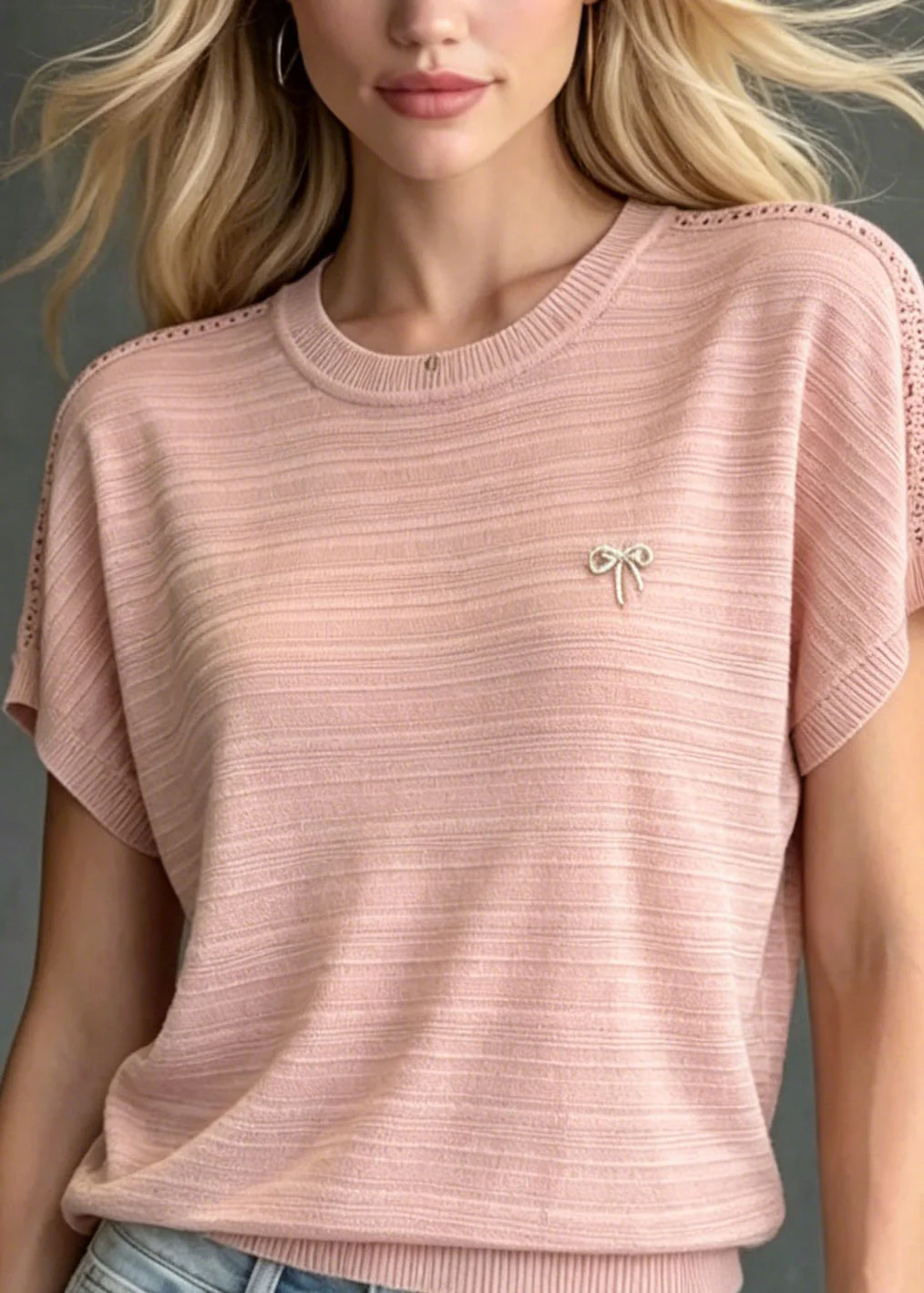 Women Pink O Neck Zircon Ice Silk Knit T Shirts Summer - Image 2
