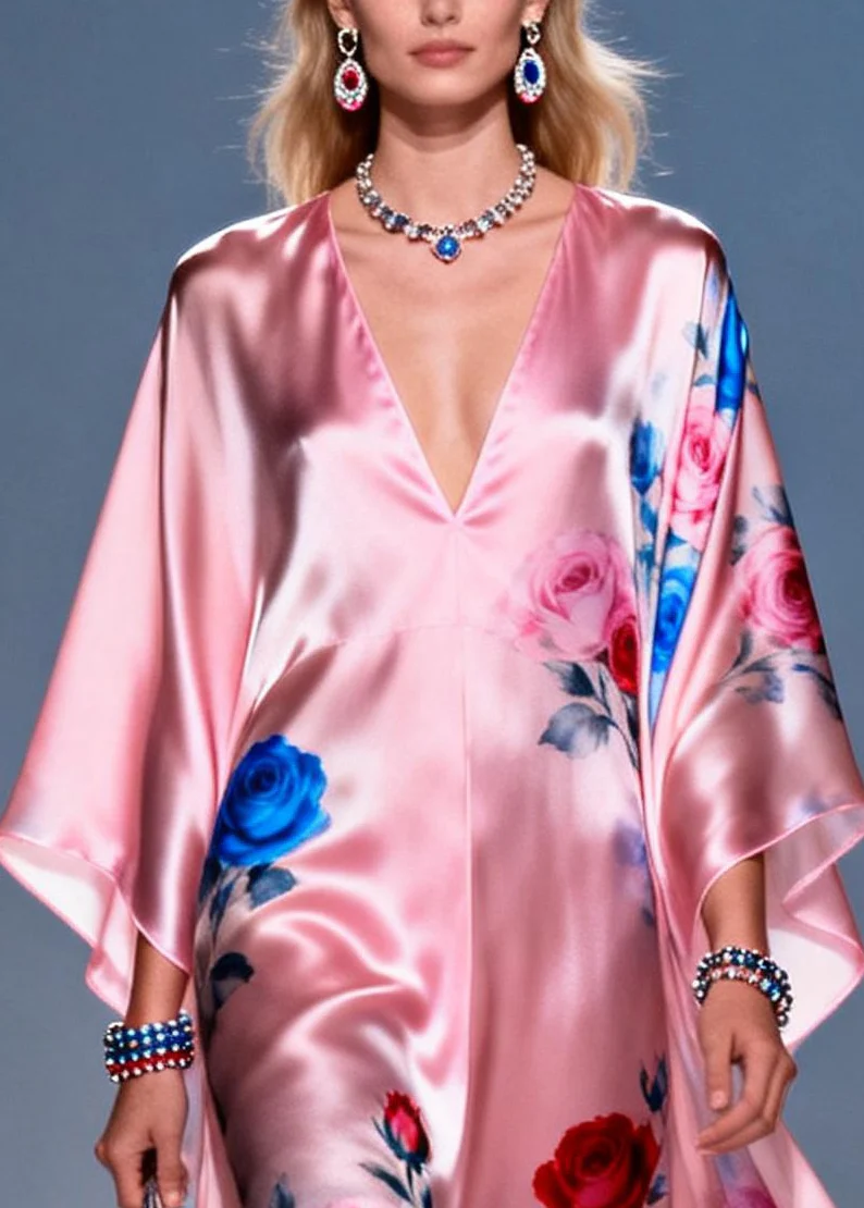 Women Pink Oversized Flower Print Chiffon Party Dress Summer - Image 2