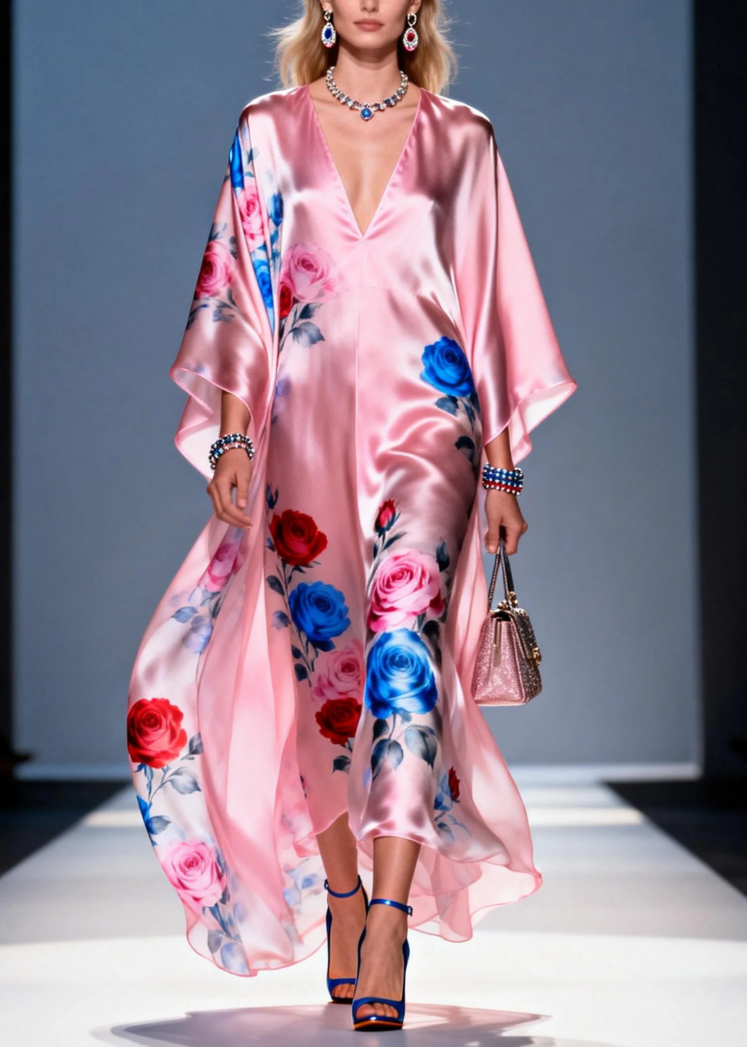 Women Pink Oversized Flower Print Chiffon Party Dress Summer - Image 3