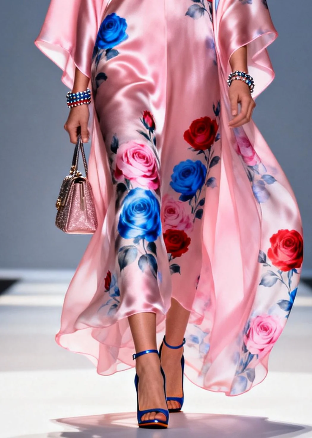 Women Pink Oversized Flower Print Chiffon Party Dress Summer - Image 4