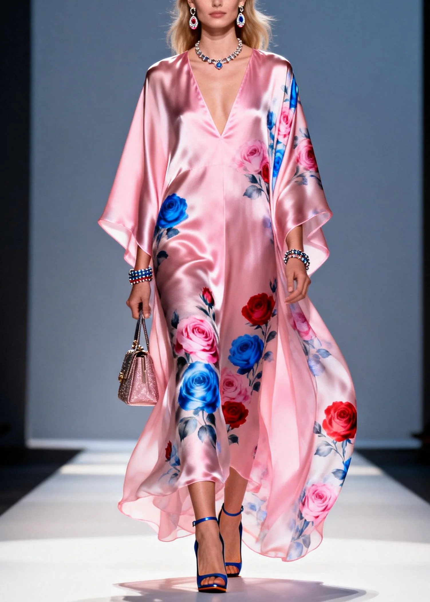 Women Pink Oversized Flower Print Chiffon Party Dress Summer - Image 5