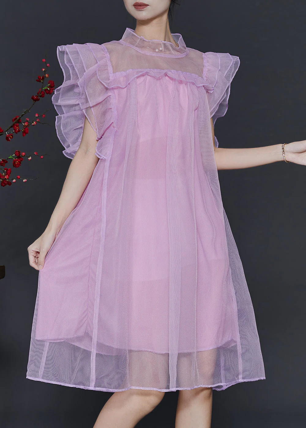 Women Pink Oversized Tulle Vacation Dress Butterfly Sleeve - Image 2