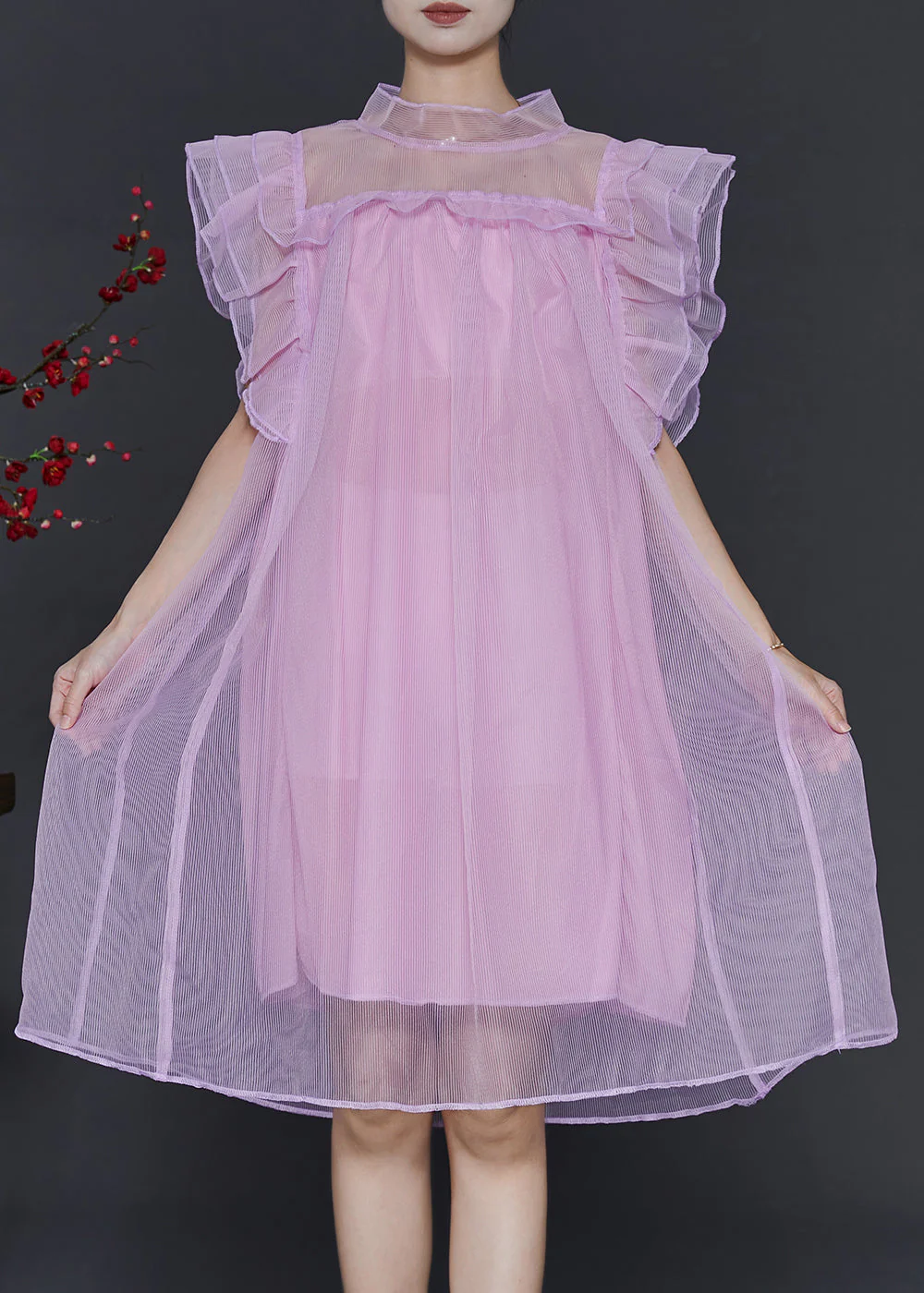 Women Pink Oversized Tulle Vacation Dress Butterfly Sleeve - Image 3