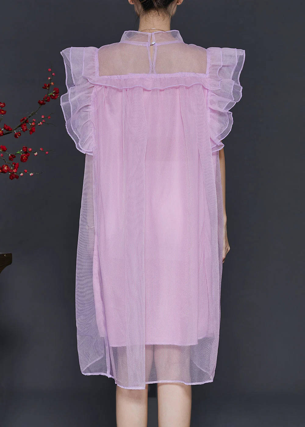 Women Pink Oversized Tulle Vacation Dress Butterfly Sleeve - Image 4