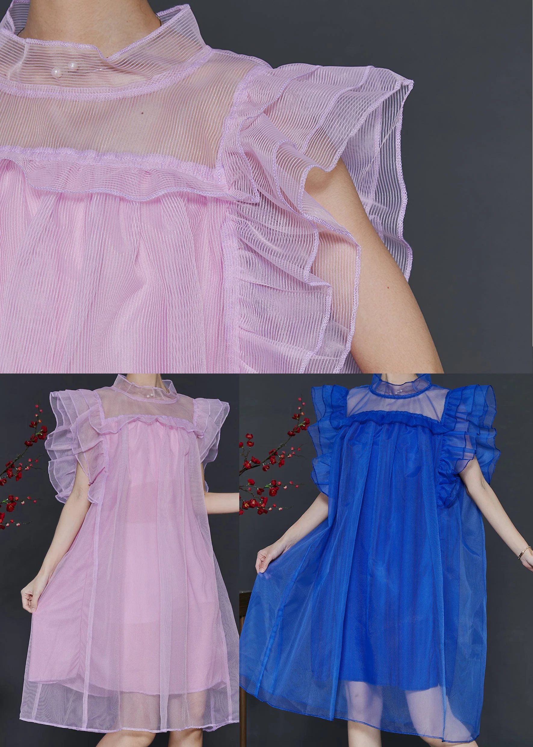 Women Pink Oversized Tulle Vacation Dress Butterfly Sleeve - Image 5